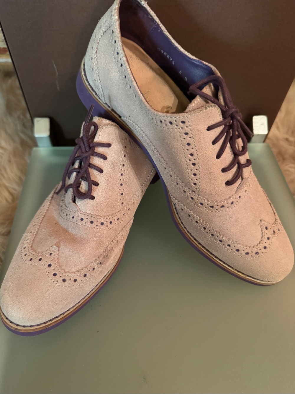 Cole Haan Women's Suede Wingtip Flats in Light Gray with Purple Accents